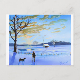 Old man and his dog winter snow painting postcard
