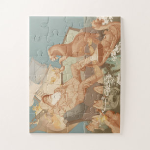 Old Man Burning Ship Nautical Illustration Jigsaw Puzzle