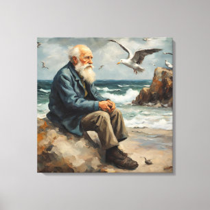 old man by the sea, seagulls flying canvas print