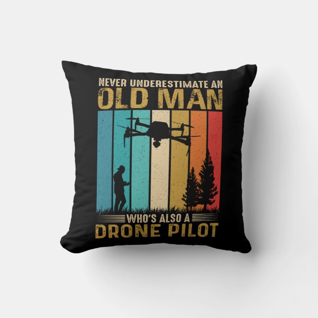 Old Man Drone Pilot Humourous Throw Pillow (Front)