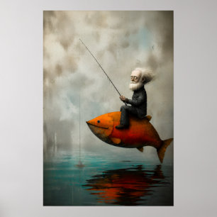 Old Man Fishing on a Floating Crimson Fish Poster