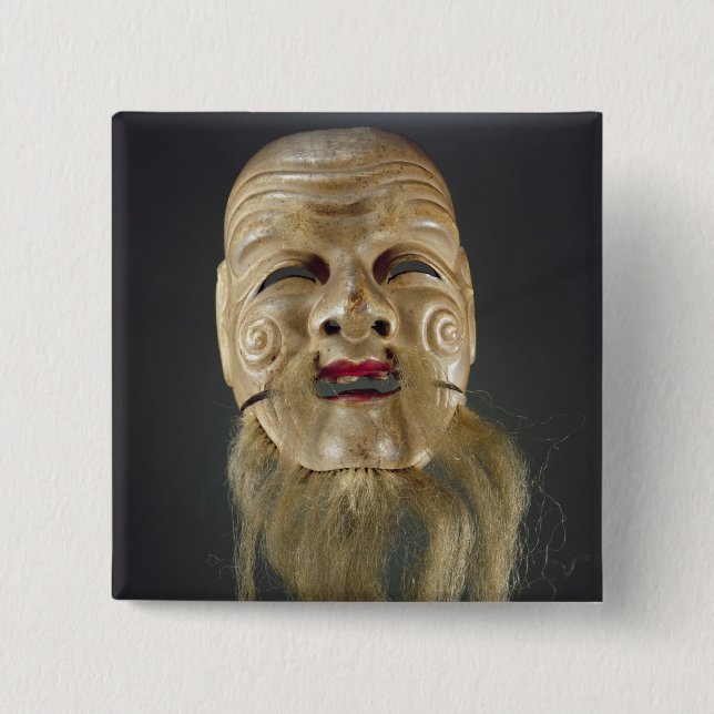 Old Man Mask, Noh Theatre 2 Inch Square Button (Front)