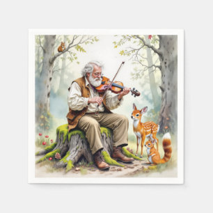 Old Man Playing a Fiddle In The Forest Napkin