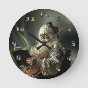 Old Man Santa Claus Reading His List Round Clock