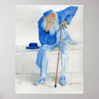 Old Man Sitting on a Bench, Wearing Blue Clothes