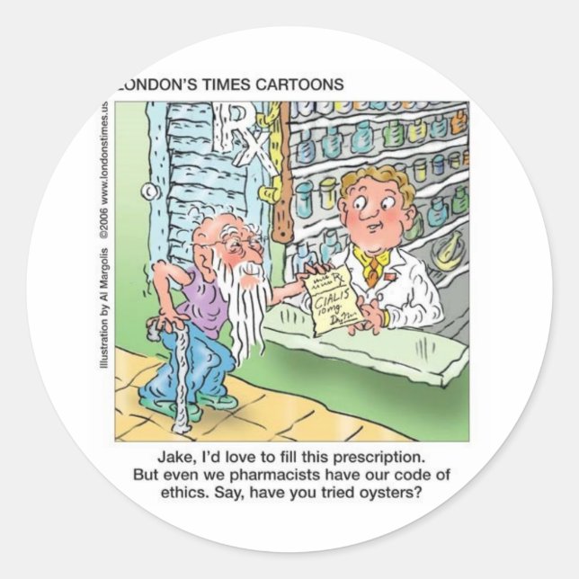 Old Man & The Pharmacy Funny Offbeat Cartoon Gifts Classic Round Sticker (Front)