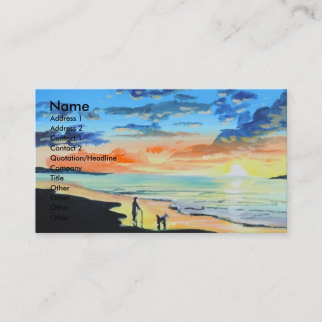 Old man walks a dog at the beach UK art Business Card (Front)