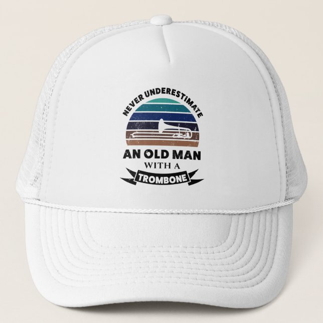 Old Man with Trombone Funny Gift Dad Trucker Hat (Front)