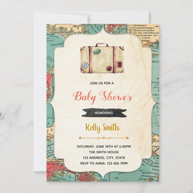 Old map baby shower party invitation (Front)