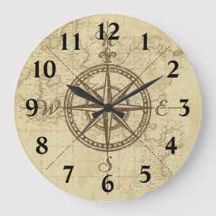 Old Map Compass Large Clock