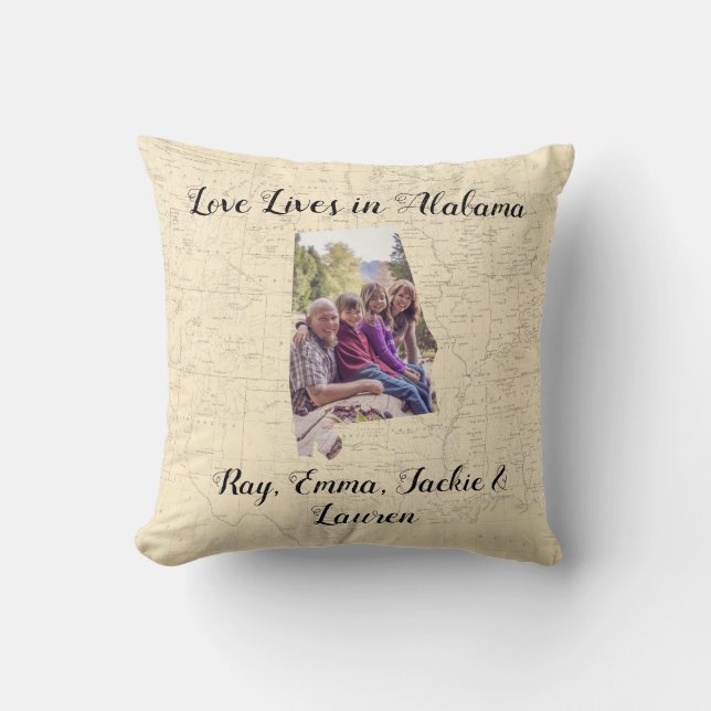 Old Map Love Lives In Alabama State Shaped Photo Throw Pillow (Front)