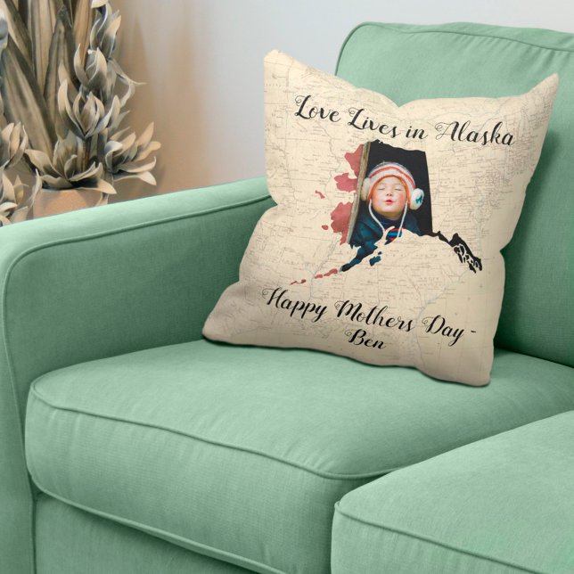 Old Map Love Lives In Alaska State Shaped Photo Throw Pillow (Creator Uploaded)