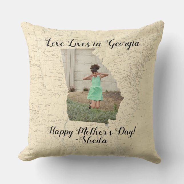 Old Map Love Lives In Georgia State Shaped Photo Throw Pillow (Front)