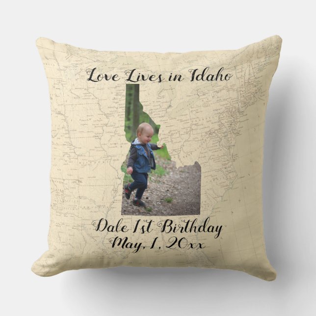 Old Map Love Lives In Idaho State Shaped Photo Throw Pillow (Front)