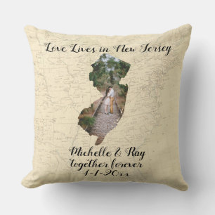 Old Map Love Lives In Jersey State Shaped Photo Throw Pillow