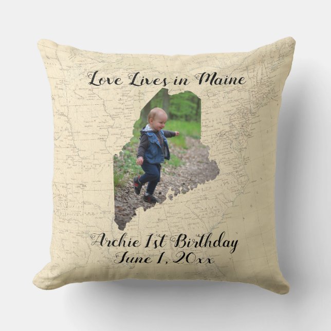 Old Map Love Lives In Maine State Shaped Photo Throw Pillow (Front)