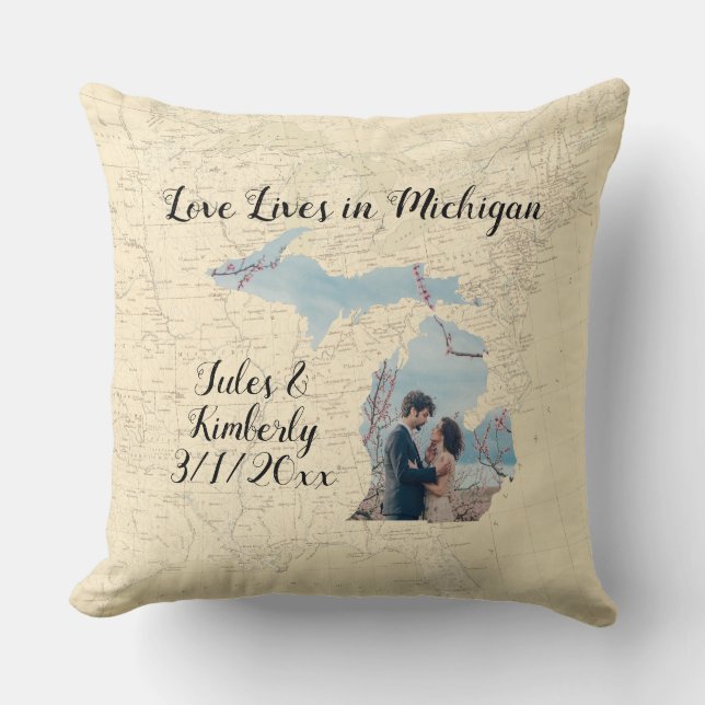 Old Map Love Lives In Michigan State Shaped Photo Throw Pillow (Front)