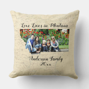 Old Map Love Lives In Montana State Shaped Photo Throw Pillow