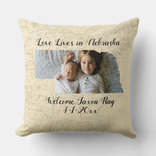 Old Map Love Lives In Nebraska State Shaped Photo Throw Pillow
