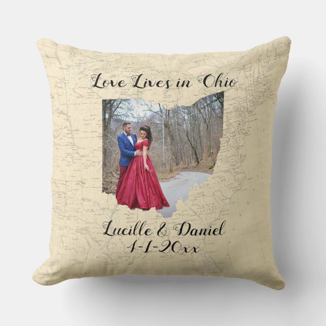 Old Map Love Lives In Ohio State Shaped Photo Throw Pillow (Front)
