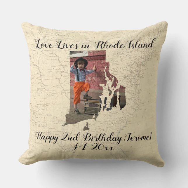 Old Map Love Lives In Rhode Island State Photo Throw Pillow (Front)