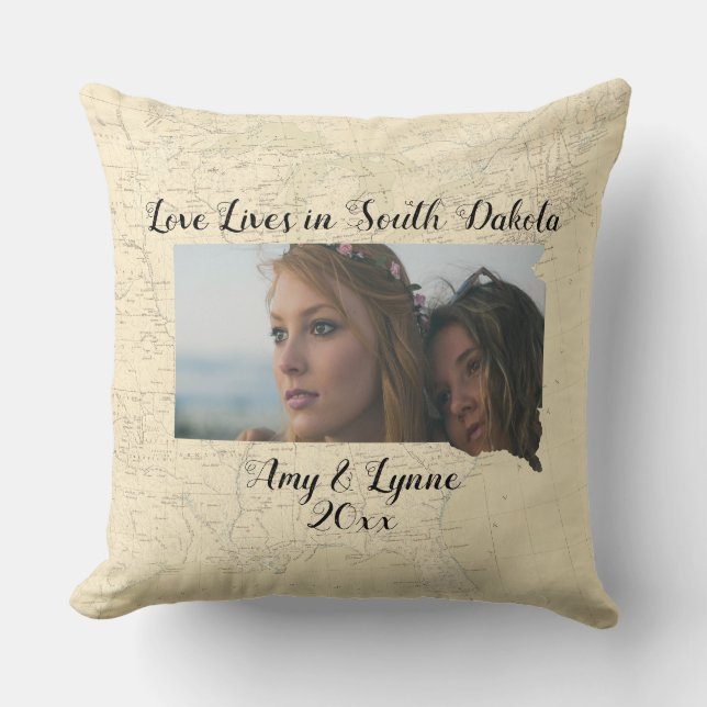 Old Map Love Lives In South Dakota State Photo Throw Pillow (Front)