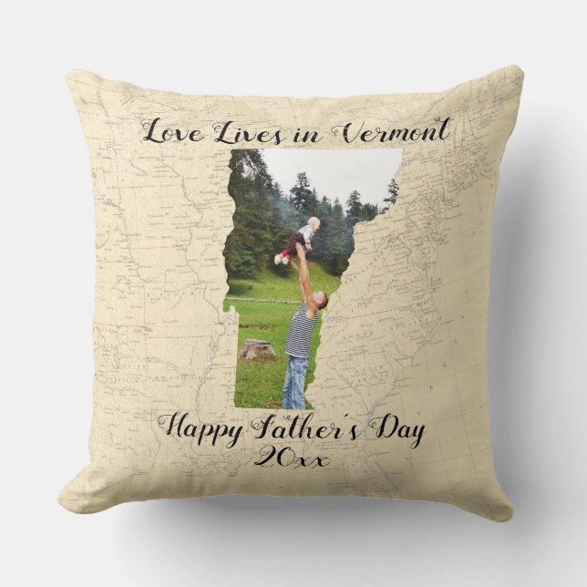 Old Map Love Lives In Vermont State Shaped Photo Throw Pillow (Front)