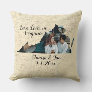 Old Map Love Lives In Virginia State Shaped Photo Throw Pillow