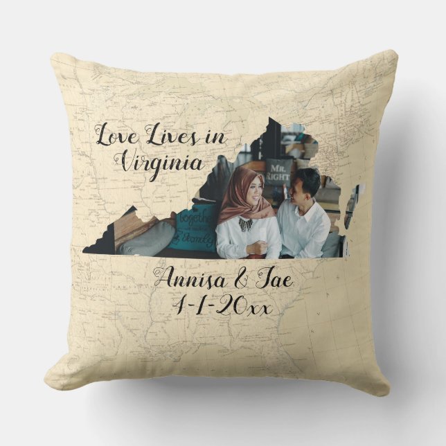 Old Map Love Lives In Virginia State Shaped Photo Throw Pillow (Front)