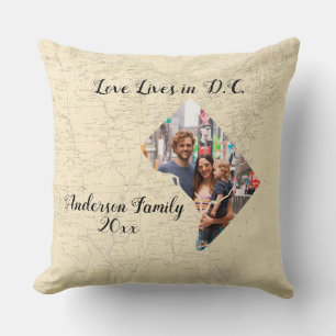 Old Map Love Lives In Washington D.C. Custom Photo Throw Pillow