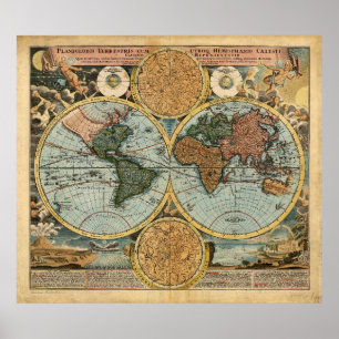 Old Map of the World 1716 Medieval poster print