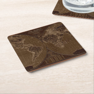 Old map of the World Square Paper Coaster