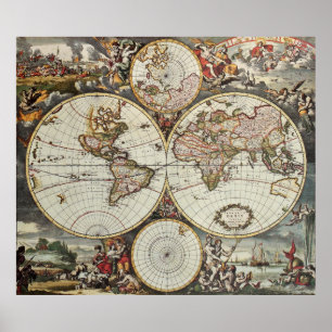 Old map of world hemispheres. Created by Frederick Poster
