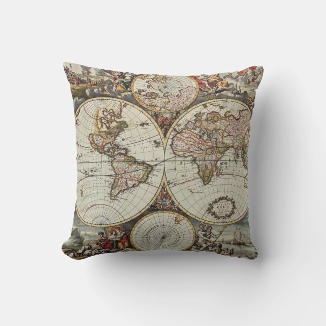 Old map of world hemispheres. Created by Frederick Throw Pillow (Front)