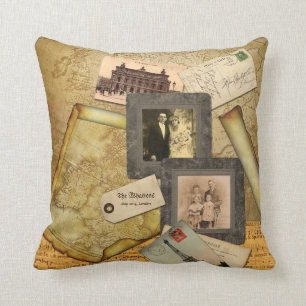 Old Map Postcard Paper Collage Vintage Photo Frame Throw Pillow