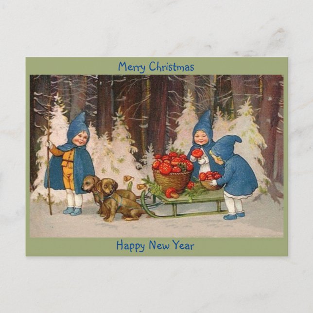 Old Merry Christmas Cute Kids, Puppies, Mushrooms Holiday Postcard (Front)
