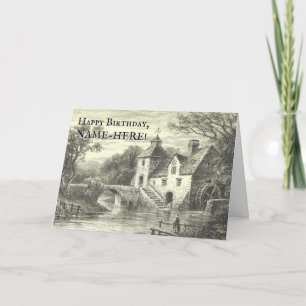 Old Mill and Waterway Birthday Greeting Card