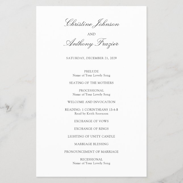 Old Money Black and White Classic Wedding Program (Front)