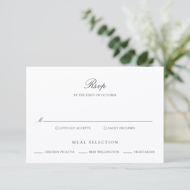Old Money Black and White Classic Wedding RSVP Card (Standing Front)