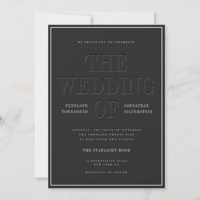 Old Money Black Faux Embossed Typography Wedding Invitation (Front)