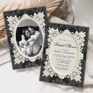 Old Money Black Ivory Doily Lace Bridal Shower Invitation