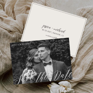 Old Money Black & White Calligraphy Wedding Photo Save The Date