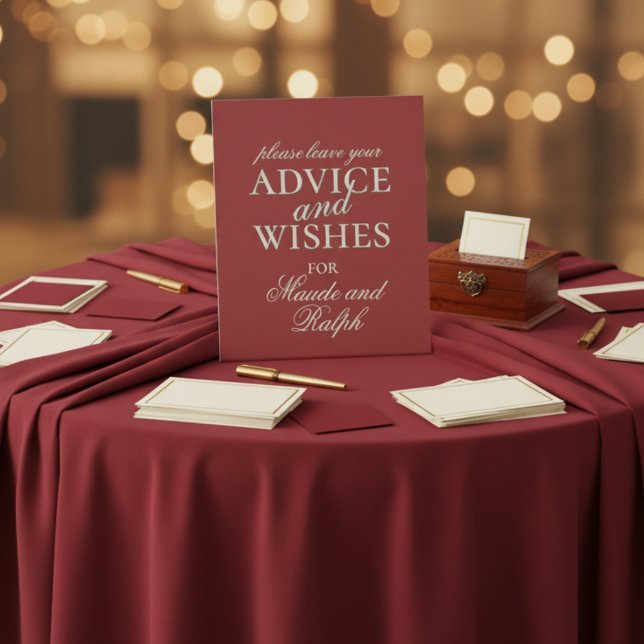 Old Money Bold Red Advice and Wishes Wedding Pedestal Sign (Invite guests to share their heartfelt advice and warm wishes with this Advice and Wishes Sign!)