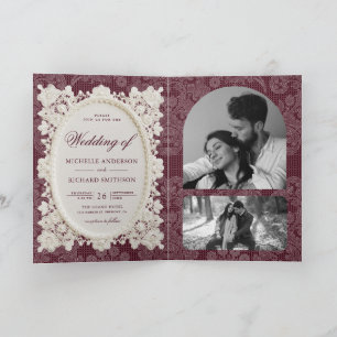Old Money Burgundy Ivory Doily Lace Wedding Invitation
