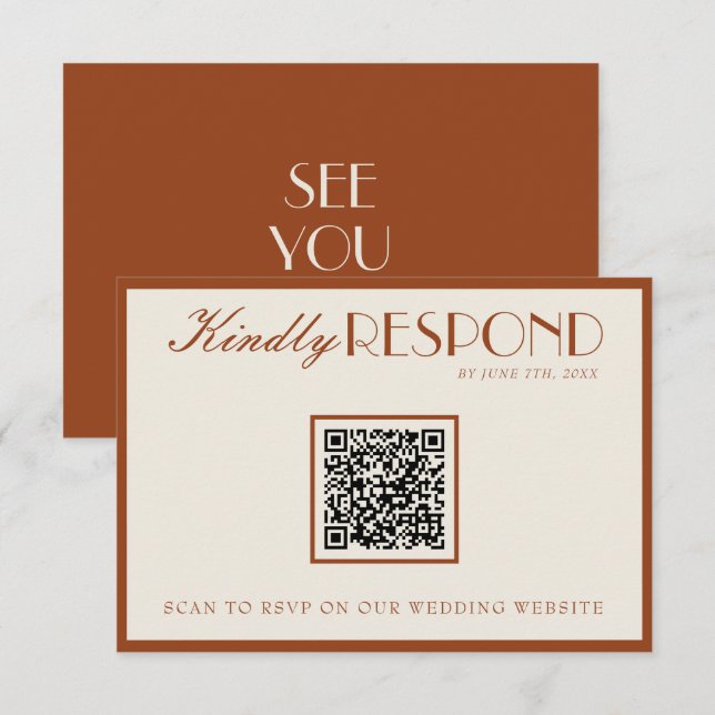 Old Money Burnt Orange QR Fancy Code Wedding RSVP Card (Front/Back)