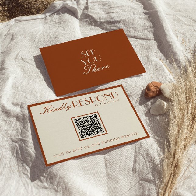 Old Money Burnt Orange QR Fancy Code Wedding RSVP Card (Creator Uploaded)