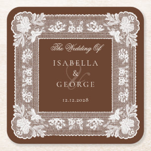 Old Money Bwon Vintage Lace Wedding Square Paper Coaster