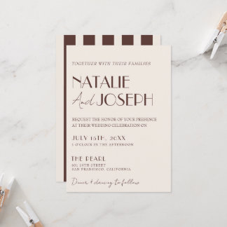 Old Money Chocolate Brown Stripes Photo Wedding  Invitation