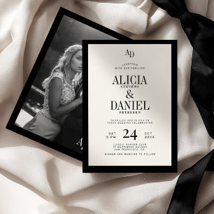 Old money classic ivory cream black photo wedding invitation
