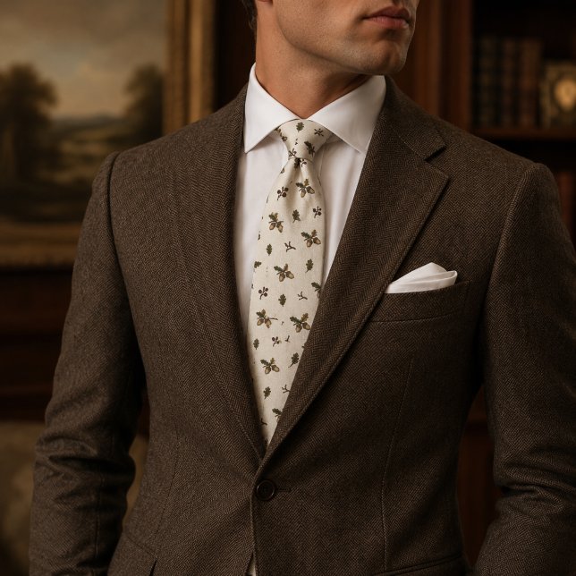 Old Money Cream Linen Oak Leaf Acorn Pattern Tie (Creator Uploaded)
